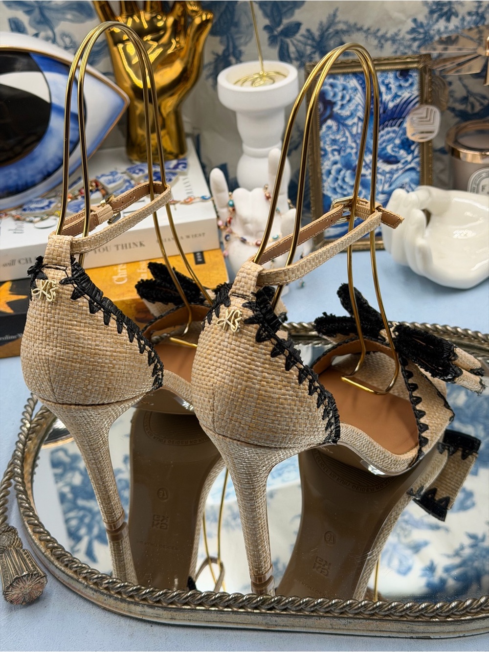 🆕 KG KURT GEIGER 🧿 NWOB Robbie Bow-Embellished Raffia High Heel, Sz 37 US 7 - Picture 9 of 15